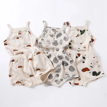 Vara de Îmbrăcăminte pentru Copii Set Baieti Fete Costume de Bumbac Vafe fără Mâneci Top + pantaloni Scurți Două piese Homewear Casual Infant Toddler Utilaje