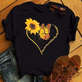 Maycaur Noi Kawaii Femei De Floarea-Soarelui Fluture De Imprimare Negru T-Shirt Casual Cu Maneci Scurte Topuri De Desene Animate Grafică Haine De Sex Feminin Tees