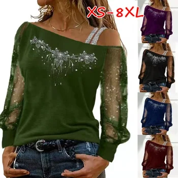 2023 Vara pentru Femei de Moda Casual Oblic Neck Maneca Lunga Top Sexy Femei de Pe Umăr Pierde T-Shirt Plasă de Pulover