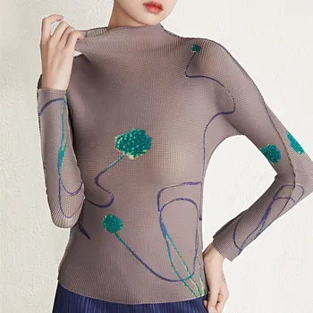 Toamna Top Pentru Femei 2023 Jumătate Guler Cu Mâneci Lungi Moda Tipărite Slăbire Întinde Miyake Cutat T-Shirt Femei
