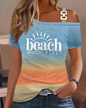 Femeie de moda Bluza 2023 Vara Noi de Moda Casual, Plajă, Peisaj Imprimare Ombre Umăr Rece T-Shirt de Bază Versatil Y2K