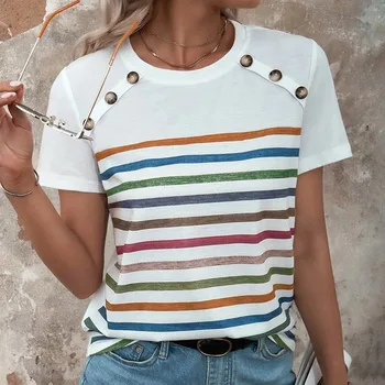 2023 Vara Topuri De Femei, Cu Dungi De Imprimare Mozaic Butonul Crewneck Cu Mânecă Scurtă T-Shirt Doamnelor Casual Se Potrivesc Vrac Teuri Streetwear