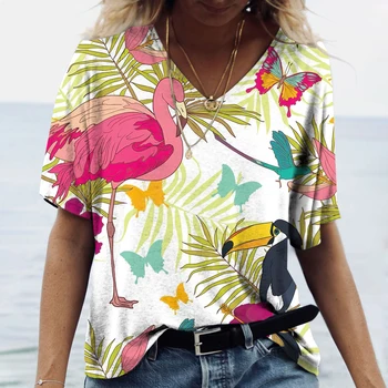 Flamingo Grafic T Shirt Femei Stil Hawaiian Casual Cu Maneci Scurte Topuri Harajuku Bluza De Vara Supradimensionate Bumbac 2023 Liber Tees