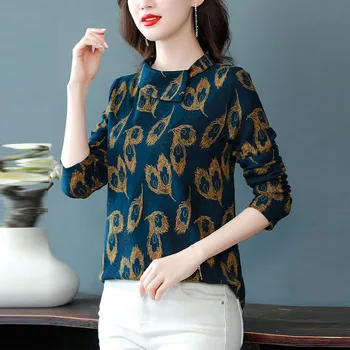 Pene de Imprimare tricou Albastru Primavara-Vara Moda Topuri 2023 coreeană Stil Elegant Rândul său, în Jos Guler Casual de Birou de sex Feminin Lady Shirt
