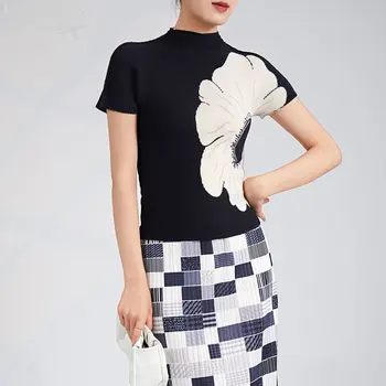 Miyake Încreți 2023 Vara Noi cu mânecă Scurtă T-shirt Femei Minimalist Vânt Întinde de Imprimare Slim Naveta cu Un Gât Rotund de Sus
