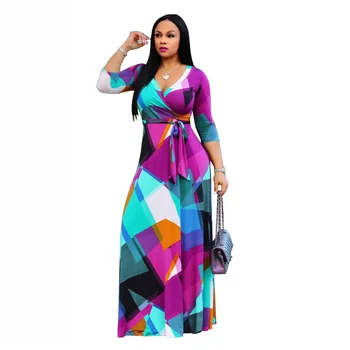 Africa de Moda pentru Femei Sexy V-Neck Mijlocul Maneca Pătrat Contrast Lace Print Floor Zdrobitoare Mare pentru Femei Rochie Lunga 2023 Noi