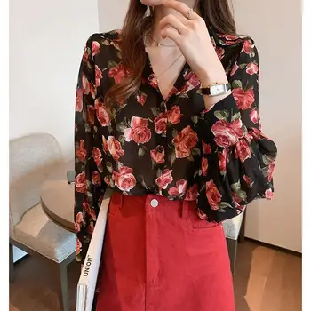 Femei Tricouri Primavara Retro Vrac Florale, Bluze cu mâneci Lungi Șifon Camasi Elegante, la Modă Navetiști Doamne de Birou de Îmbrăcăminte