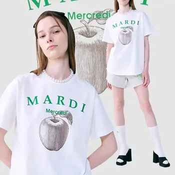Mardi apple litere imprimate t-shirt pentru bărbați și femei cu liber choli vara modele show subțire de bumbac