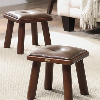 Scaun din lemn masiv American living din piele scaun moale sac mic scaun rotund pătrat de scaun scaun canapea picior mic scaun de lemn