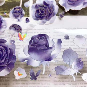 Rose purpuriu Fundal Floral Argintiu Lucios Washi Banda PET pentru Planificatorul de Luare de Card DIY Scrapbooking Plan Autocolant Decorativ