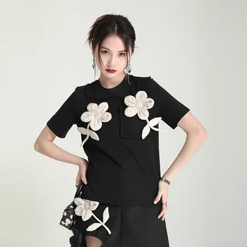2023 femei nou mozaic de flori cu mânecă scurtă t-shirt femei vara simplă nișă liber gât rotund top chic streetwear