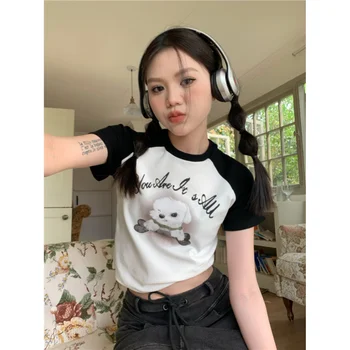 YUQI Femei Casual cu Maneci Scurte T-Shirt de Vară Drăguț Câine Mic Print Slim Contrast Tricouri Femei Streetwear Bază Teuri Y2k Topuri