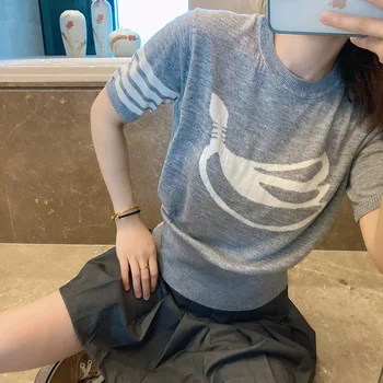 De înaltă Calitate coreea Style TB Primăvară Noi Patru Bara T-Shirt Matase de Gheață Tricot pentru Femei PRINDERE Versatil Liber Maneca Scurta Top Casual