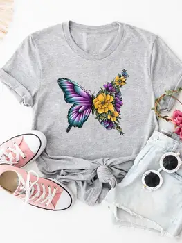 Femei Îmbrăcăminte de Moda de Vara cu Maneci Scurte T-shirt de Flori Aripa de Fluture Desene animate Cămașă de sex Feminin de Imprimare T Top Graphic Tee