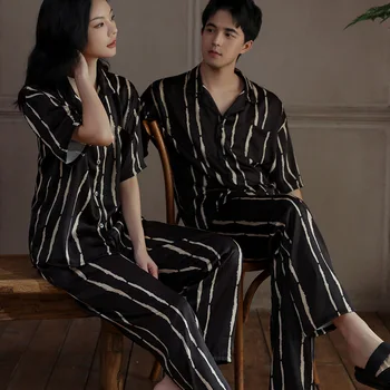 Pijama De Vara Cuplu Negru Cu Dungi De Imprimare Seturi De Pijama Rever Lenjerie Pijamale Acasă Purta Îmbrăcăminte Îmbrăcăminte De Noapte