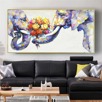 100% Pictat Manual Familie Murală Animal Pictura In Ulei Pe Panza Flori Arta De Perete Decor Imagine Pentru Camera De Zi Elefant As Cadou