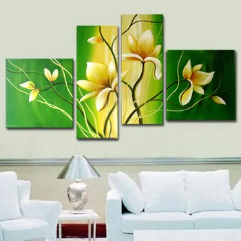 Manual 4 Bucată De Pânză De Artă Verde Alb Decor De Orhidee Pictura In Ulei Poze De Perete Pentru Camera De Zi Moderne Imagini Cu Flori